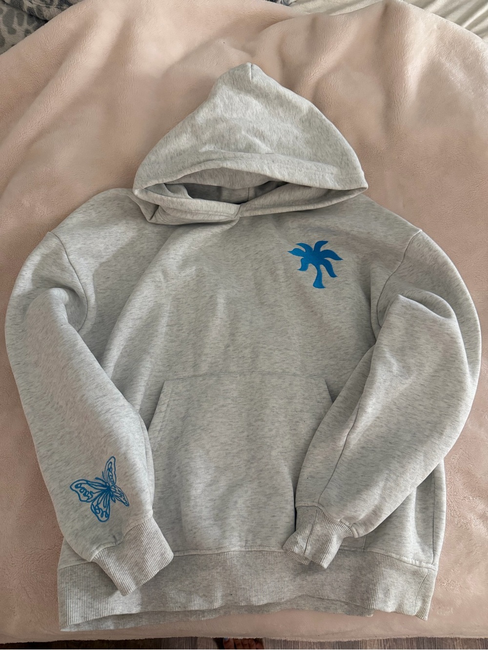 Light Gray Crewneck Hoodie with Blue Palm & Butterfly Accents
